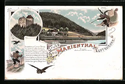 Lithographie Nittenau /Bay., Gasthaus Marienthal, Wanderer, Geflügelter Teufel, Veste Stockenfels
