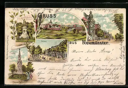 Lithographie Neumünster, Drei Kaiser Denkmal, Rathaus und Grossflecken I