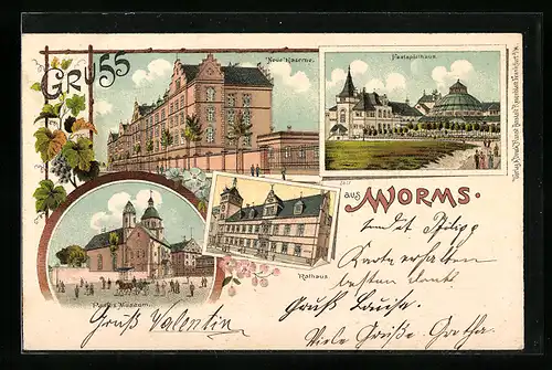 Lithographie Worms, Neue Kaserne, Festspielhaus, Rathaus, Paulus Museum
