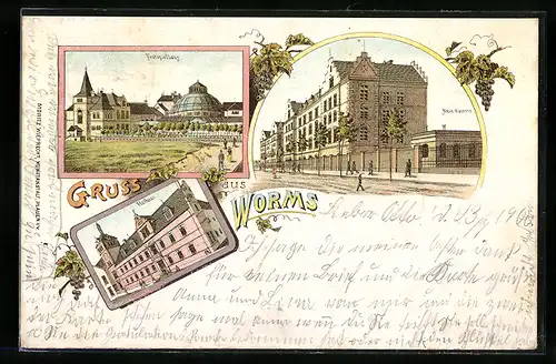 Lithographie Worms, Neue Kaserne, Festspielhaus, Rathaus