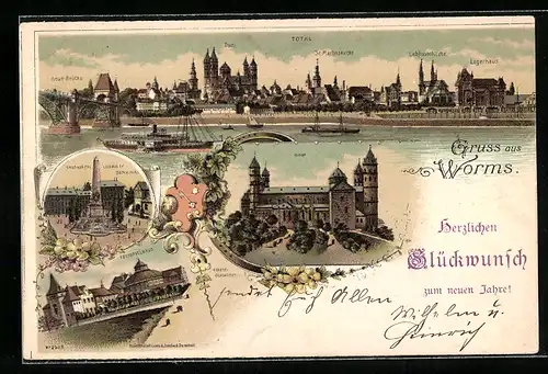 Lithographie Worms, Festspielhaus, Dom, Lagerhaus, neue Brücke