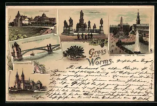 Lithographie Worms, Festspielhaus, Luther-Denkmal, Grossherzog Ludwig IV. Denkmal, Liebfrauenkirche