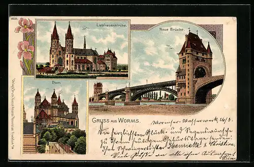 Lithographie Worms, Liebfrauenkirche, Neue Brücke
