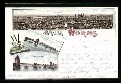 Lithographie Worms, Eisenbahnbrücke, Totalansicht und Strassenbrücke