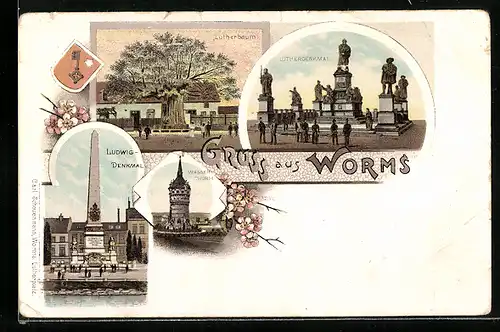 Lithographie Worms, Lutherbaum, Lutherdenkmal und Wasserthurm