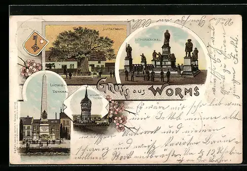 Lithographie Worms, Lutherbaum, Lutherdenkmal und Wasserthurm