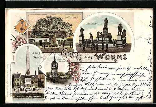 Lithographie Worms, Lutherbaum, Lutherdenkmal und Ludwig-Denkmal