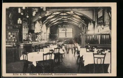 AK Köln a. Rh., Hotel Weidenhof, Restaurationsraum, Inh. Peter Menrath, Gr. Budengasse 3