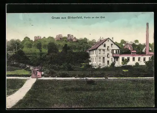 AK Birkenfeld, Partie an der Enz mit Wegen und Blick auf Häuser