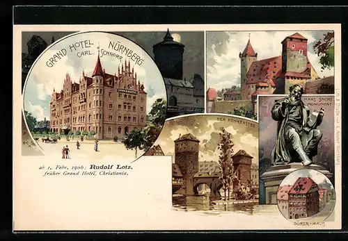 Lithographie Nürnberg, Grand Hotel, Henkersteg, Hans-Sachs-Monument, Dürer-Haus