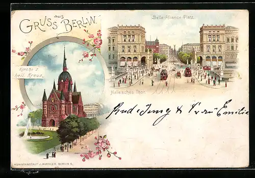 Lithographie Berlin, Belle-Alliance-Platz und Hallesches Tor mit Strassenbahn, Kirche zum heiligen Kreuz