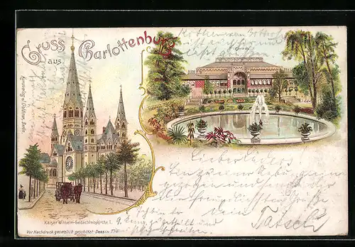 Lithographie Berlin-Charlottenburg, Gedächtniskirche und Flora mit Springbrunnen