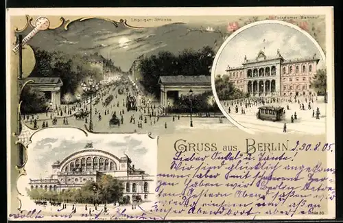 Lithographie Berlin, Leipziger Strasse, Potsdamer Bahnhof, Anhalter Bahnhof