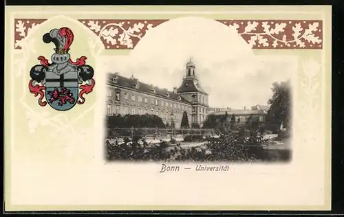 Passepartout-Lithographie Bonn, Ansicht der Universität, Stadt-Wappen