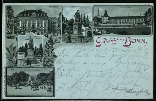 Lithographie Bonn, Marktplatz und Poppelsdorfer Allee