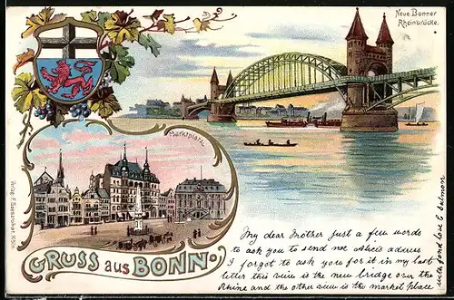 Lithographie Bonn, Marktplatz mit Denkmal, Neue Bonner Rheinbrücke, Wappen