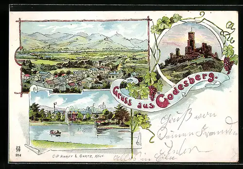 Lithographie Godesberg, Totalansicht, Burgruine