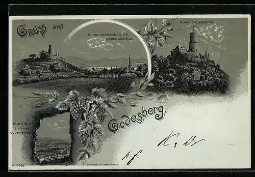 Lithographie Godesberg, Ruine und Siebengebirge, Aussicht v. d. Ruine