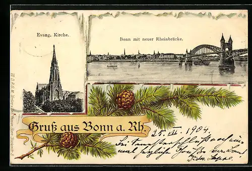 Lithographie Bonn, Evang. Kirche, Bonn mit neuer Rheinbrücke