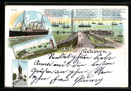 Lithographie Cuxhaven, Leuchtturm und Seepavillon, Kriegerdenkmal, Dampferschiff