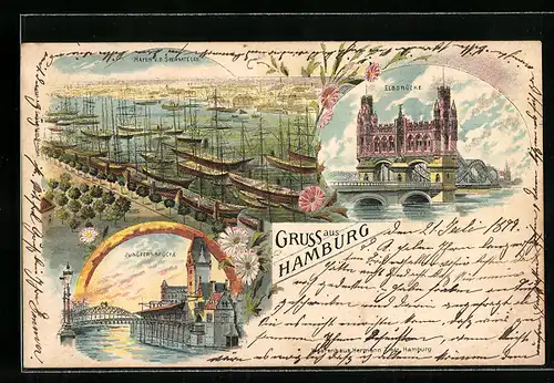 Lithographie Hamburg, Hafen von der Seewarte gesehen, Jungfern- und Elbbrücke