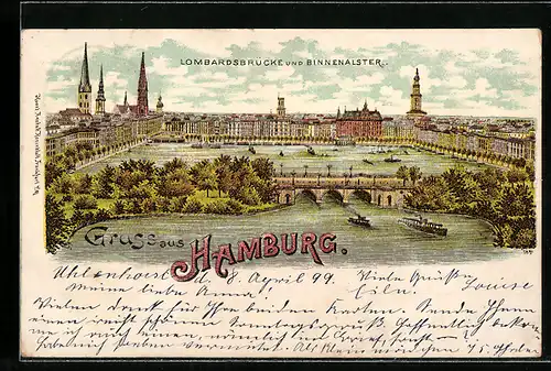 Lithographie Hamburg-Neustadt, Lombardsbrücke und Binnenalster