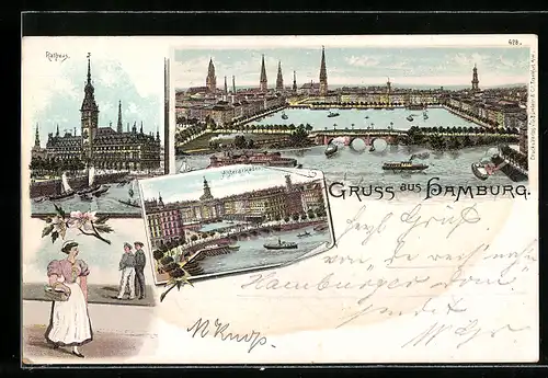 Lithographie Hamburg, Rathaus, Alsterarkaden, Panorama, Dampfer