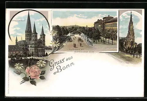 Lithographie Bonn, Münsterkirche, Kaiserplatz mit Poppelsdorfer Allee, Protestantische Kirche