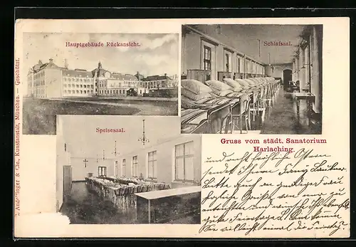 AK München-Harlaching, Städt. Sanatorium, Hauptgebäude Rückansicht, Schlafsaal