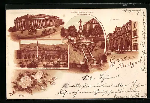 Lithographie Stuttgart, Königsbau, Schlossplatz mit neuem Schloss, Bahnhof