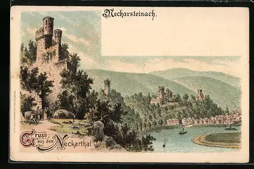 Lithographie Neckarsteinach, Flusspartie mit Ruine
