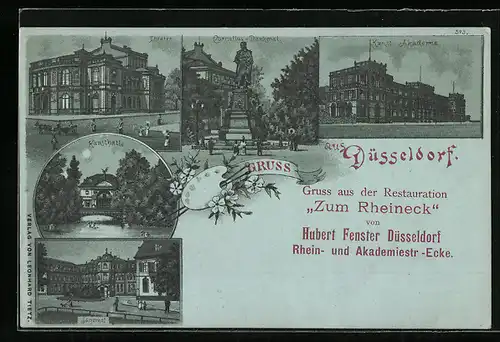 Lithographie Düsseldorf, Theater, Cornelius-Denkmal, Kunst-Akademie, Kunsthalle