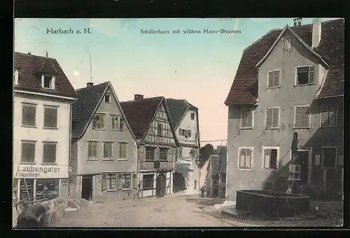 AK Marbach a. N., Schillerhaus mit wildem Mann-Brunnen
