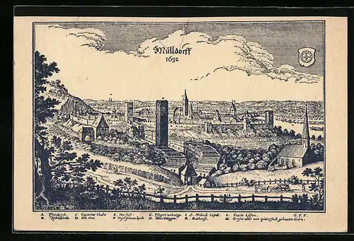 Künstler-AK Mühldorf a. Inn, Ortsansicht im Jahre 1632