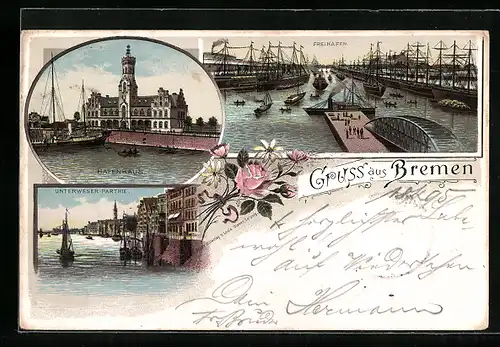 Vorläufer-Lithographie Bremen, Freihafen, Hafenhaus, Unterweser-Parthie 1895
