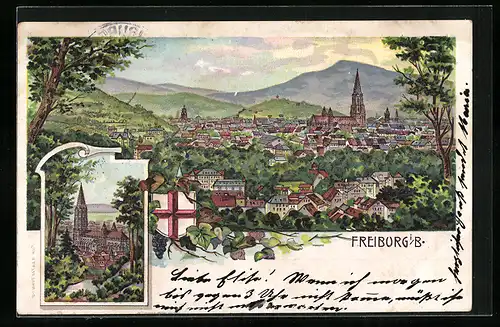 Lithographie Freiburg i. B., Kirche, Ortsansicht mit Bergpanorama, Wappen