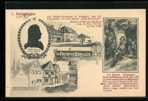 AK Dichter Friedrich Schillers Geburtshaus in Marbach a. N., Militär-Akademie in Stuttgart