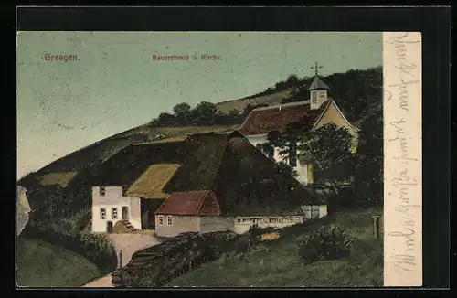 AK Gresgen, Bauernhaus und Kirche