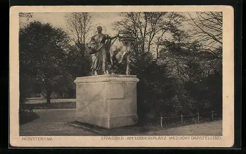 AK Münster i. W., Standbild am Ludgeriplatz, Viehzucht darstellend