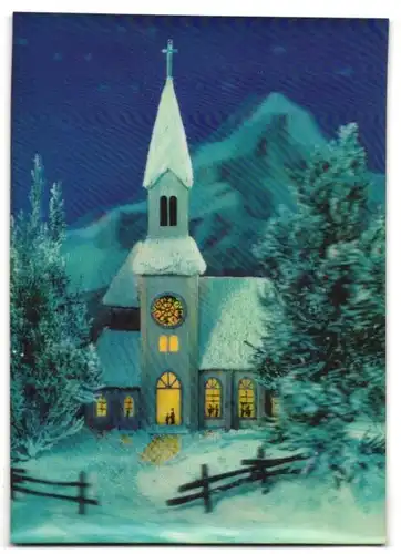 3D-AK Erleuchtete Kirche im Schnee am Abend