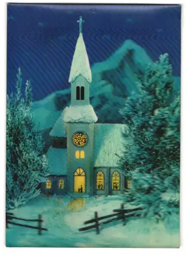 3D-AK Erleuchtete Kirche im Schnee am Abend