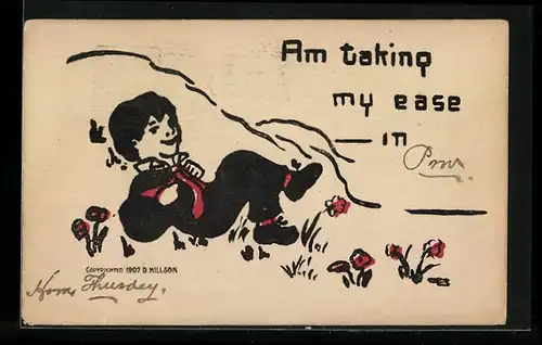 Künstler-AK sign. D. Millson: Junge mit roter Krawatte liegt auf einer Blumenwiese
