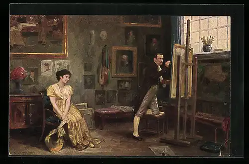 Künstler-AK Modell betrachtet einen Maler bei der Arbeit