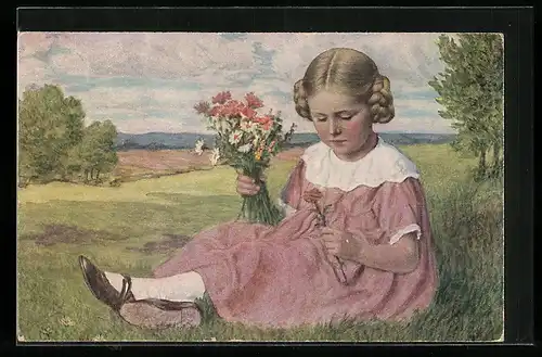 Künstler-AK sign. C. Priem: Goldelschen, Mädchen sitzt Blumen pflückend auf einer Wiese