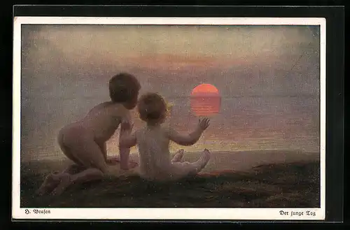 Künstler-AK Wohlgemuth & Lissner, Primus-Postkarte No. 3012: der junge Tag, nackte Kinder betrachten den Sonnenaufgang