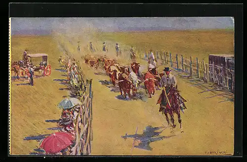 Künstler-AK sign. M. Bertuchi: Berittener Stierkämpfer mit Lanze wird von einer Stierherde verfolgt