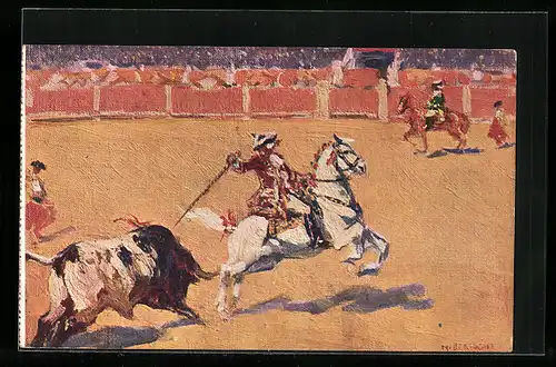 Künstler-AK sign. M. Bertuchi: Caballeros en plaza, Stierkämpfer in der Arena