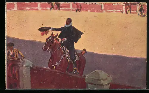Künstler-AK sign. M. Bertuchi: Stierkämpfer zu Pferde nach erfolgreichem Kampf