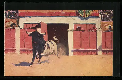 Künstler-AK sign. M. Bertuchi: Der Stier wird in die Arena gelassen