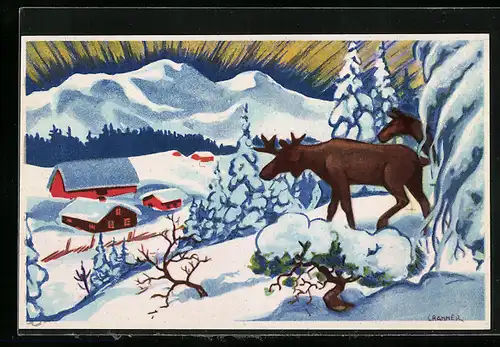 Künstler-AK sign. Cranner: Rentiere blicken über die verschneite Landschaft auf den Ort